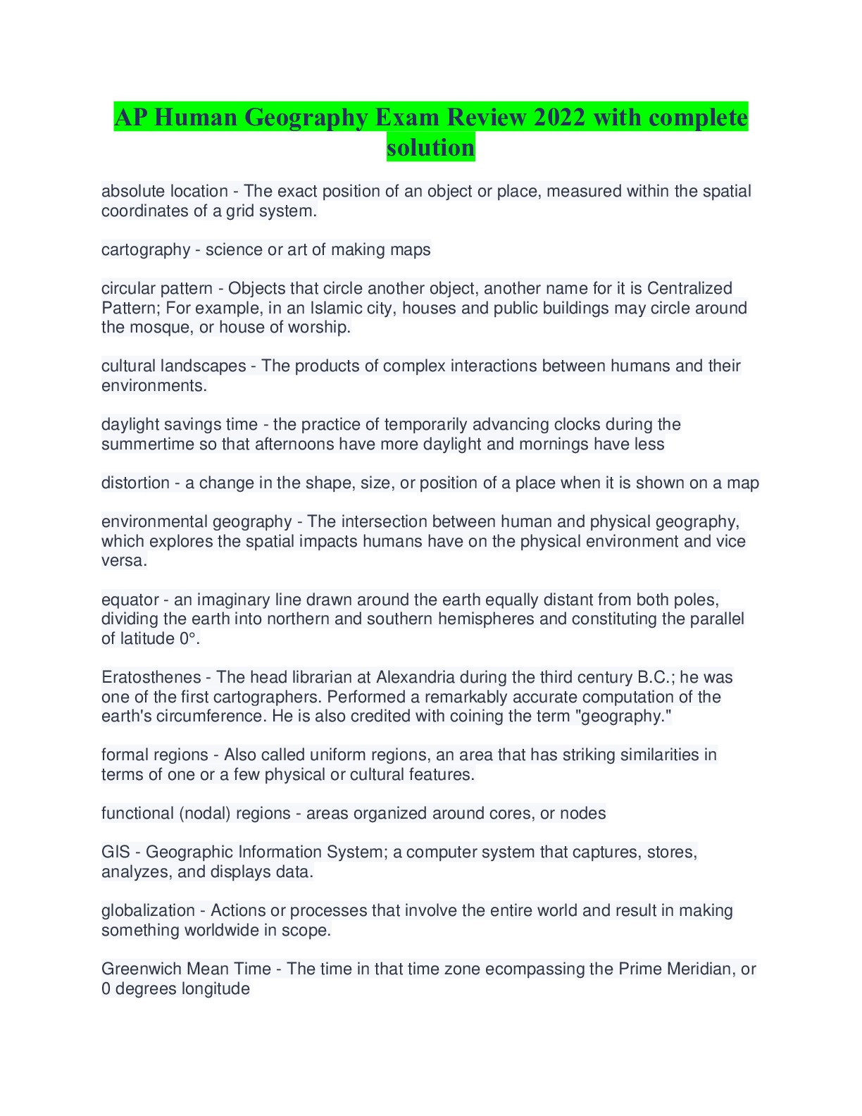 AP Human Geography Exam Review 2022 with complete solution Browsegrades